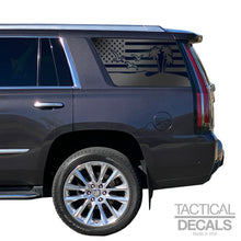Load image into Gallery viewer, USA Flag with Beach Palm Tree Scene Decal for 2021 - 2024 Cadillac Escalade 3rd Windows - Matte Black
