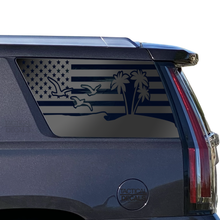 Load image into Gallery viewer, USA Flag with Beach Palm Tree Scene Decal for 2021 - 2024 Cadillac Escalade 3rd Windows - Matte Black
