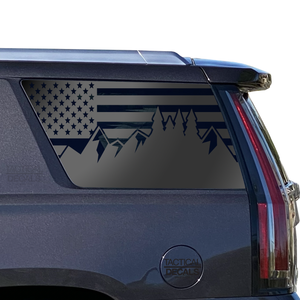 USA Flag with Mountain Range Scene Decal for 2021 - 2024 Cadillac Escalade 3rd Windows - Matte Black