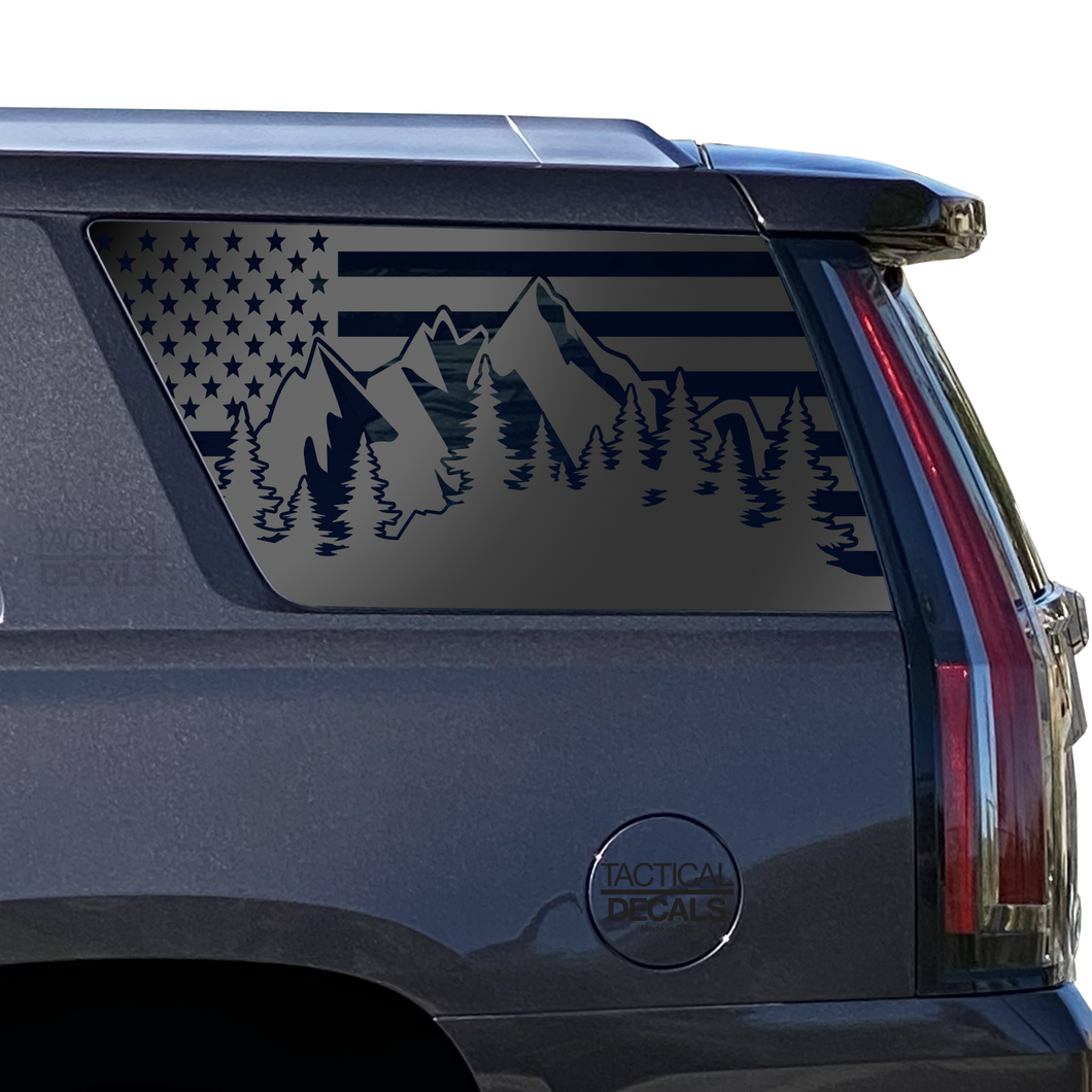 USA Flag with Mountain Scene Decal for 2021 - 2024 Cadillac Escalade 3rd Windows - Matte Black