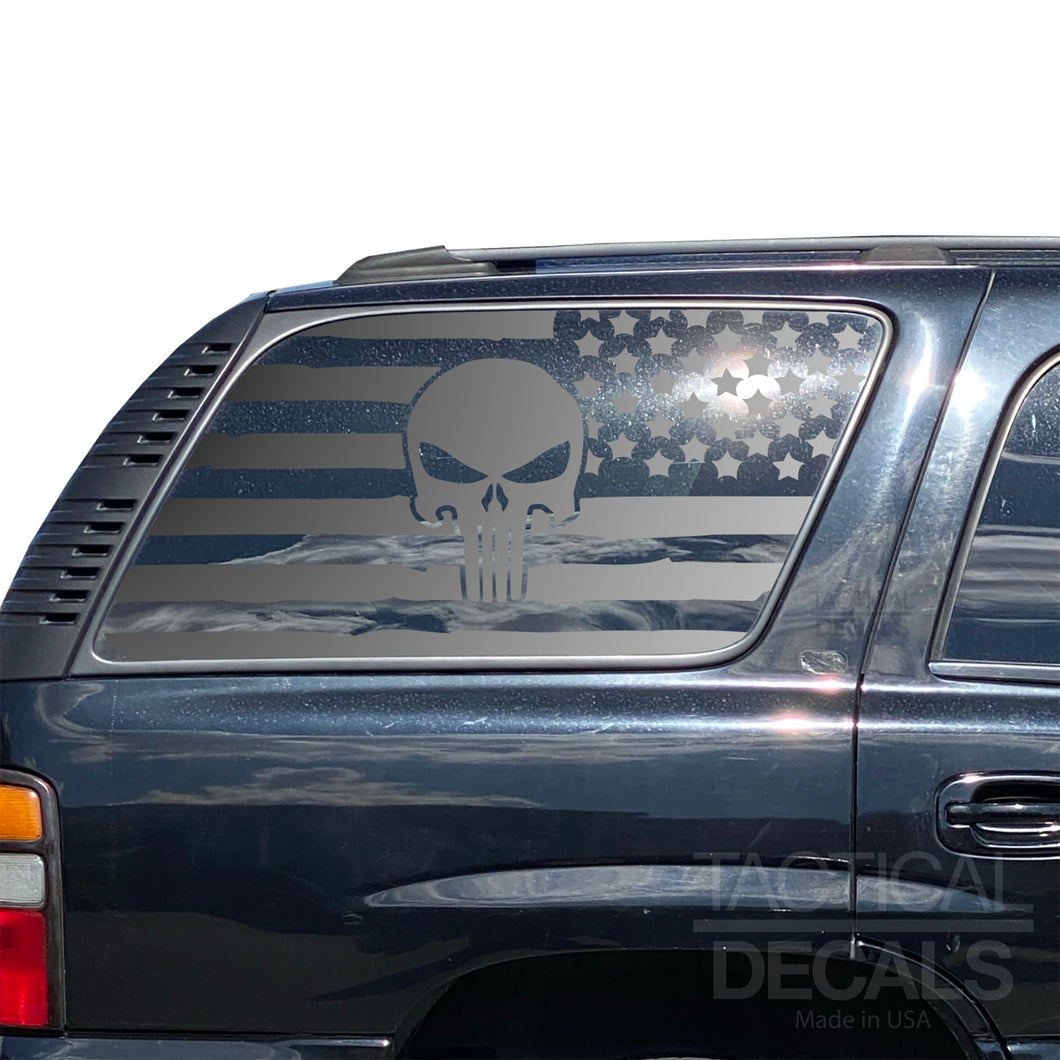 USA Flag Decal with Skull for 2000-2006 Chevy Tahoe Rear Third Window - Matte Black