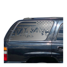Load image into Gallery viewer, USA Flag Decal with Sasquatch for 2000-2006 Chevy Tahoe Rear Third Window - Matte Black
