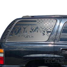 Load image into Gallery viewer, USA Flag Decal with Sasquatch for 2000-2006 Chevy Tahoe Rear Third Window - Matte Black
