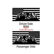 Load image into Gallery viewer, USA Flag Decal with Sasquatch for 2000-2006 Chevy Tahoe Rear Third Window - Matte Black
