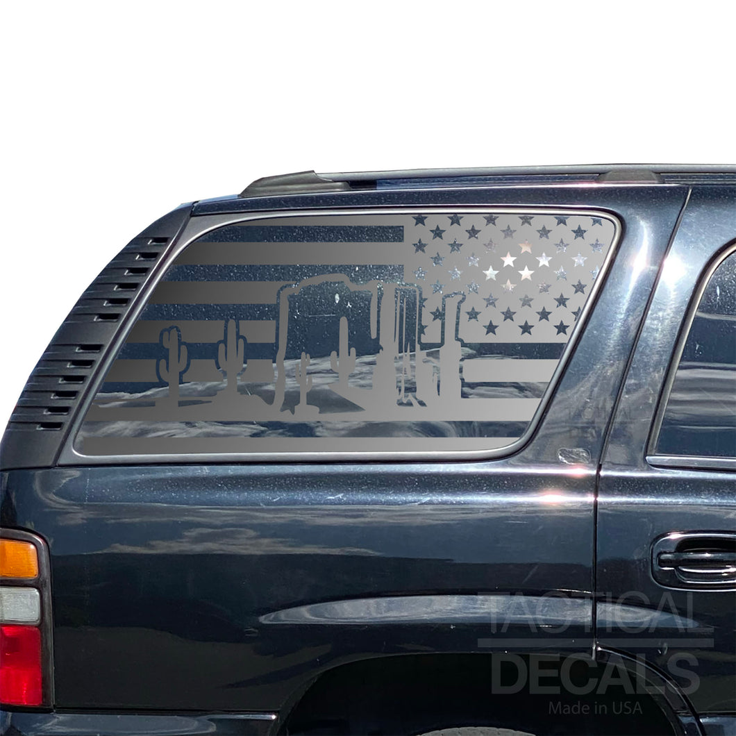 USA Flag Decal with Arizona Desert Scene for 2000-2006 Chevy Tahoe Rear Third Window - Matte Black