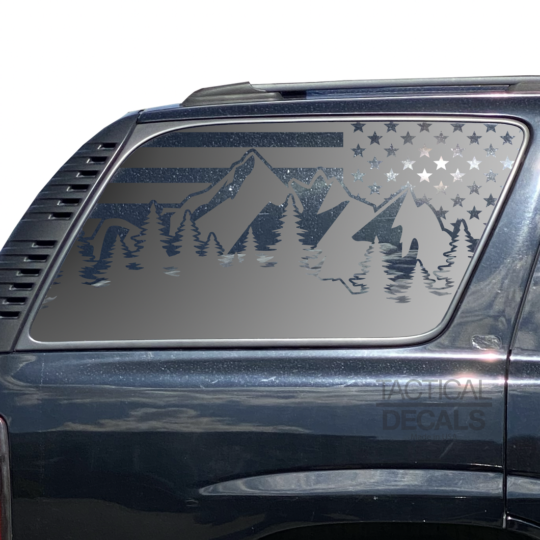 USA Flag w/ Mountain Scene Decal for 2000-2006 Chevy Tahoe 3rd Windows - Matte Black