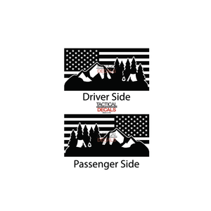 USA Flag w/ Mountain Camp Scene Decal for 2015-2020 Chevy Tahoe 3rd Windows - Matte Black