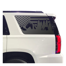Load image into Gallery viewer, USA Flag w/ Mountain Camp Scene Decal for 2015-2020 Chevy Tahoe 3rd Windows - Matte Black
