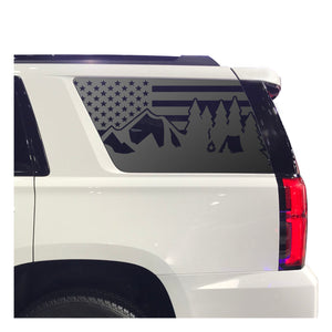 USA Flag w/ Mountain Camp Scene Decal for 2015-2020 Chevy Tahoe 3rd Windows - Matte Black