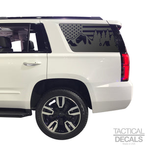 USA Flag w/ Mountain Camp Scene Decal for 2015-2020 Chevy Tahoe 3rd Windows - Matte Black