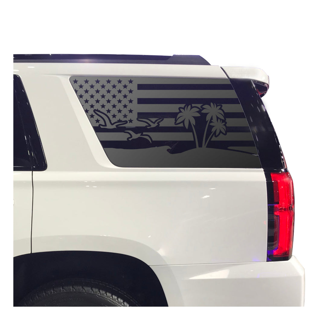 USA Flag w/ Beach Scene Decal for 2015-2020 Chevy Tahoe 3rd Windows - Matte Black