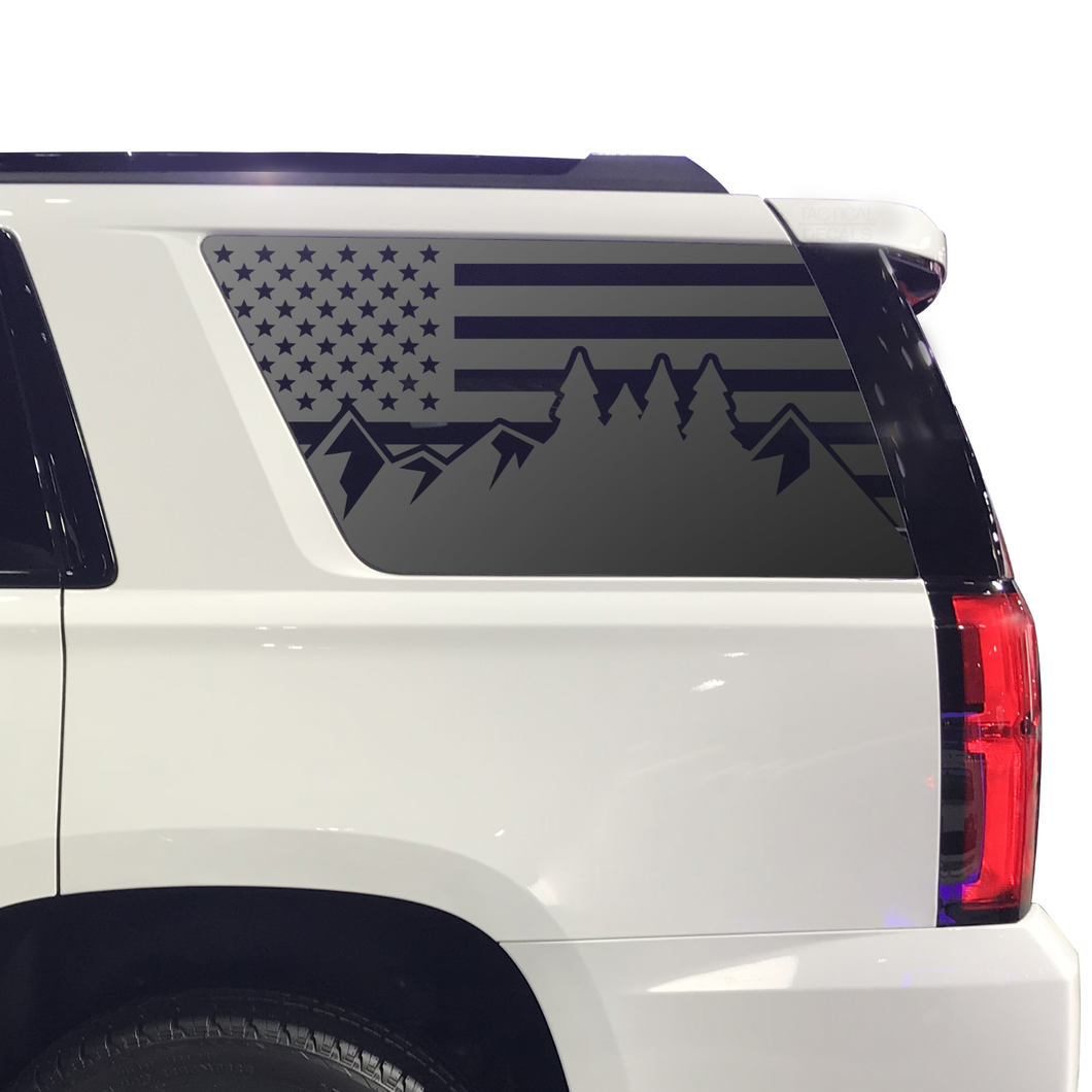 USA Flag w/ Mountain Scene III Decal for 2015-2020 Chevy Tahoe 3rd Windows - Matte Black