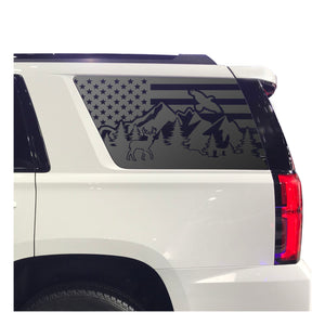 USA Flag w/  Wildlife Mountain Scene Decal for 2015-2020 Chevy Tahoe 3rd Windows - Matte Black