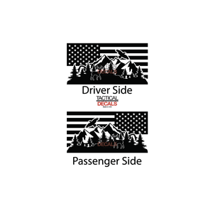 USA Flag w/  Wildlife Mountain Scene Decal for 2015-2020 Chevy Tahoe 3rd Windows - Matte Black