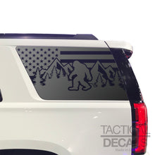 Load image into Gallery viewer, USA Flag Decal with Sasquatch for 2015-2020 Chevy Tahoe Rear Third Window - Matte Black
