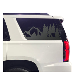 Mountain Camping Scene Decal for 2015-2020 Chevy Tahoe 3rd Windows - Matte Black
