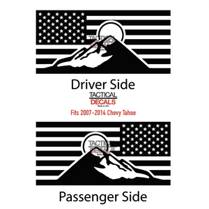 USA Flag Decal with Mountain Scene for 2007-2014 Chevy Tahoe Rear Windows - Matte Black