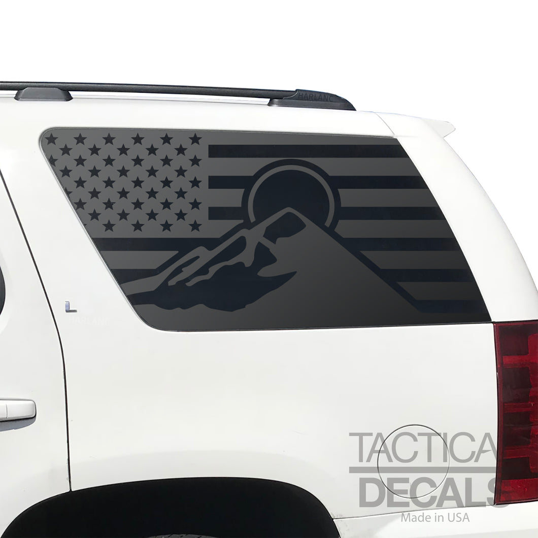 USA Flag Decal with Mountain Scene for 2007-2014 Chevy Tahoe Rear Windows - Matte Black