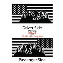 Load image into Gallery viewer, USA Flag Decal with Sasquatch for 2007-2014 Chevy Tahoe Rear Third Window - Matte Black
