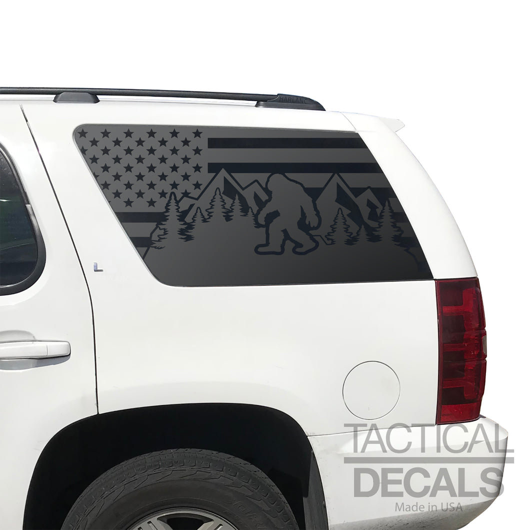 USA Flag Decal with Sasquatch for 2007-2014 Chevy Tahoe Rear Third Window - Matte Black