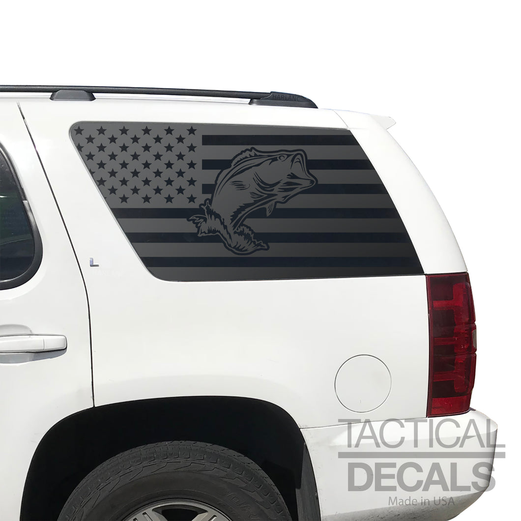USA Flag Decal with Bass Fishing for 2007-2014 Chevy Tahoe Rear Third Window - Matte Black