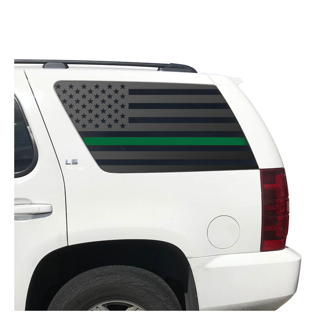 USA Flag w/ Green Line Decal for 2007-2014 Chevy Tahoe 3rd Windows - Matte Black