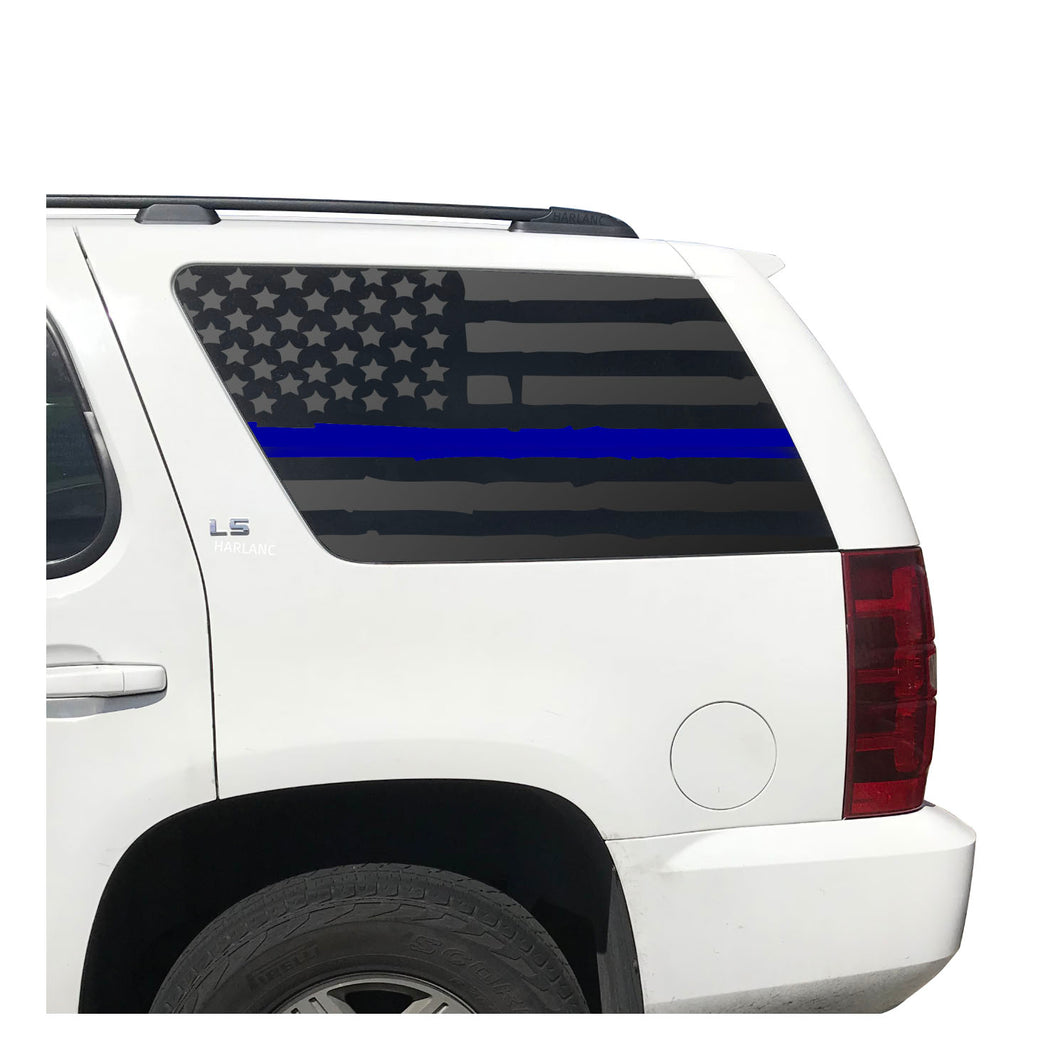 Distressed Blue Line USA Flag Decal for 2007-2014 Chevy Tahoe 3rd Windows - Matte Black