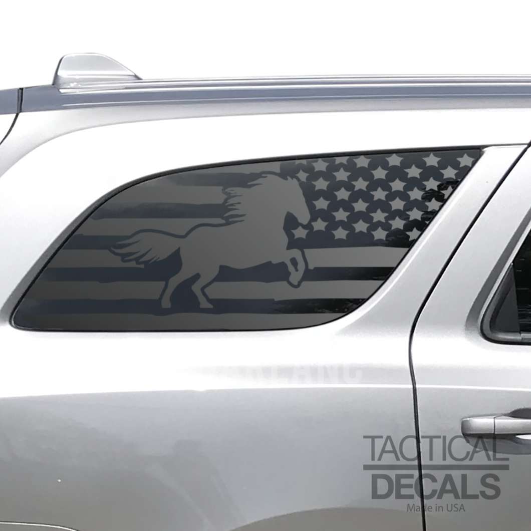 USA Distressed Flag with Horse Decal for 2011 - 2024 Dodge Durango 3rd Windows - Matte Black