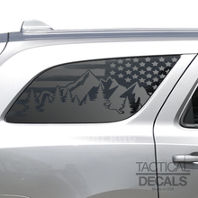 Load image into Gallery viewer, USA Distressed Flag w/Mountains Decal for 2011 - 2024 Dodge Durango 3rd Windows - Matte Black
