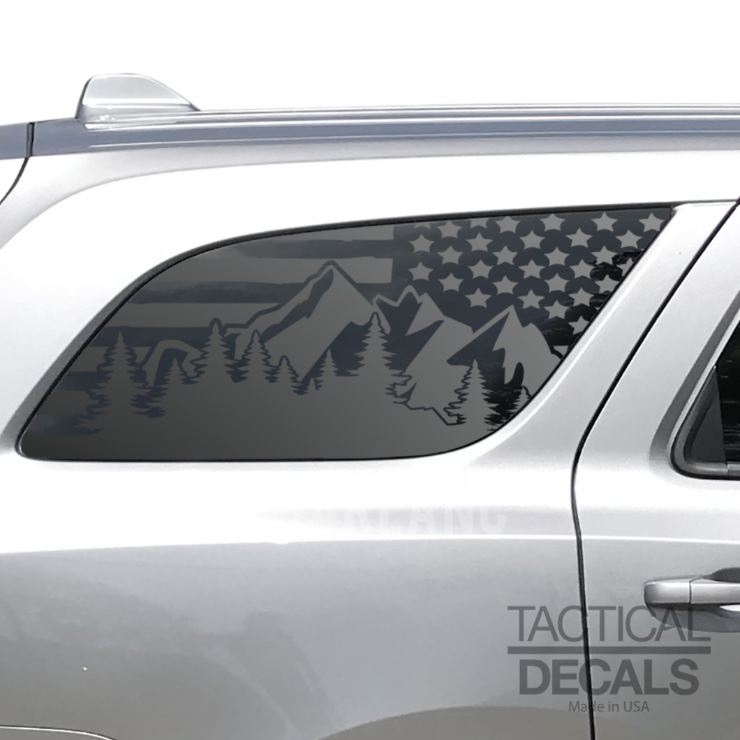 USA Distressed Flag w/Mountains Decal for 2011 - 2024 Dodge Durango 3rd Windows - Matte Black