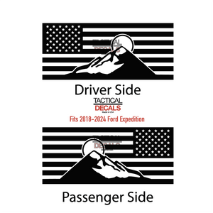 USA Flag with Mountain Scene Decal for 2018-2024 Ford Expedition Rear Windows - Matte Black