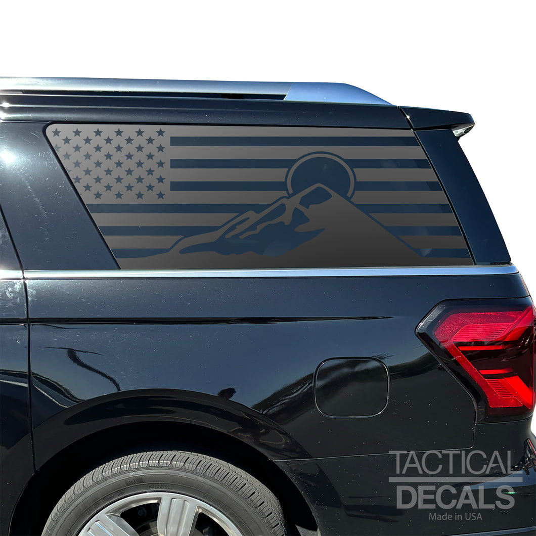 USA Flag with Mountain Scene Decal for 2018-2024 Ford Expedition Rear Windows - Matte Black