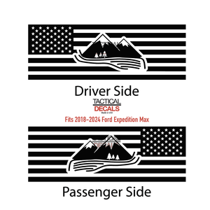 USA Flag with Mountain Scene Decal for 2018-2024 Ford Expedition Rear Windows - Matte Black