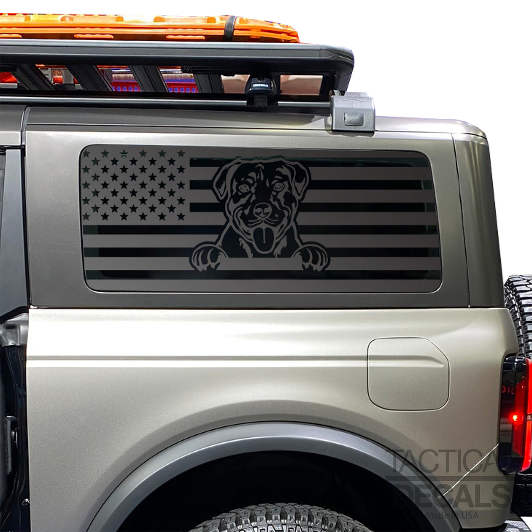 USA Flag w/Pit Bull Dog(K9) Decal for 2021 - 2024 Ford Bronco 2-Door Windows - Matte Black