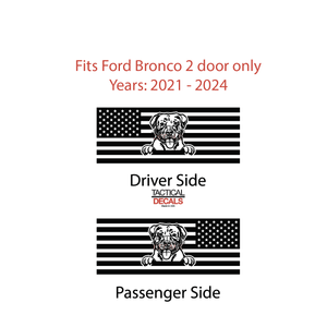 USA Flag w/Pit Bull Dog(K9) Decal for 2021 - 2024 Ford Bronco 2-Door Windows - Matte Black