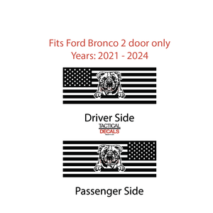 USA Flag w/Bull Dog(K9) Decal for 2021 - 2024 Ford Bronco 2-Door Windows - Matte Black