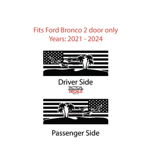 USA Flag w/Beach Scene Decal for 2021 - 2024 Ford Bronco 2-Door Windows - Matte Black