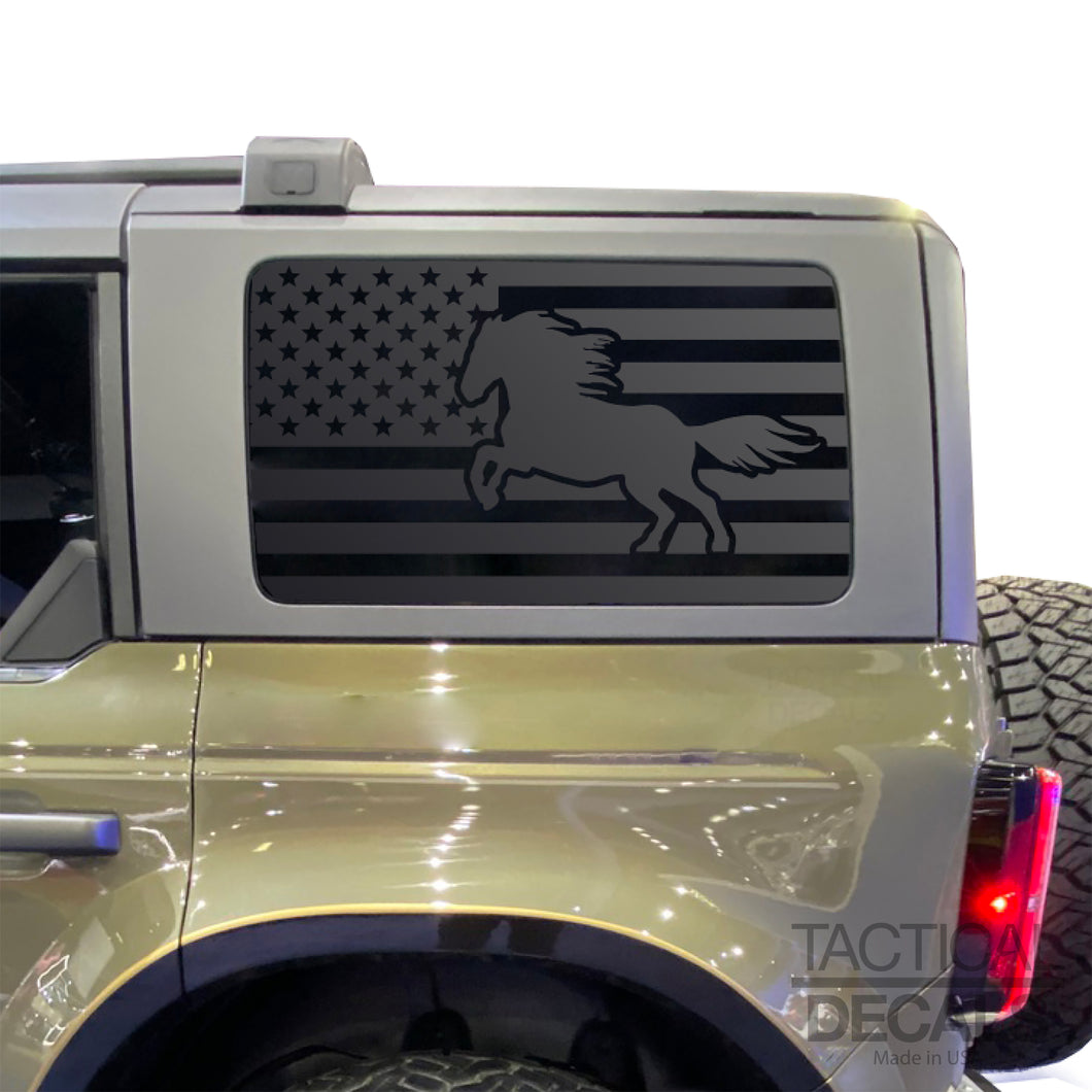 USA Flag w/ Horse Decal for 2021 - 2024 Ford Bronco 4-Door Windows - Matte Black
