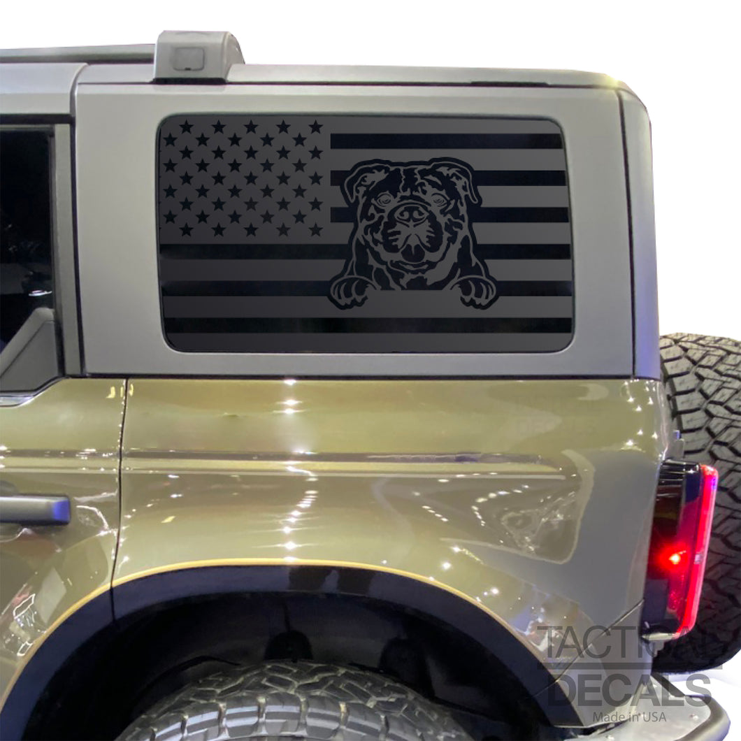 USA Flag w/Bulldog(K9) Decal for 2021 - 2024 Ford Bronco 4-Door Windows - Matte Black