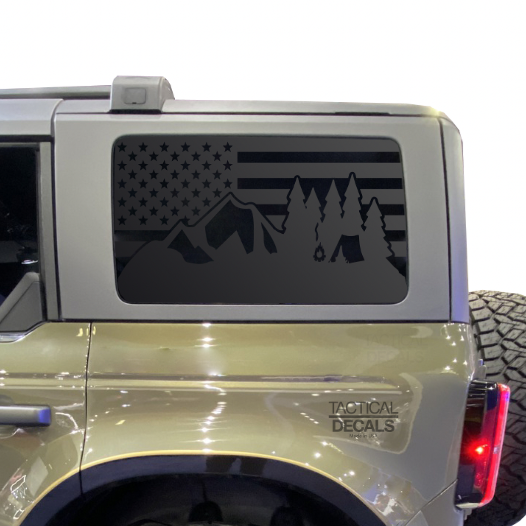 USA Flag w/ Mountain Campsite Scene Decal for 2021 - 2024 Ford Bronco 4-Door Windows - Matte Black