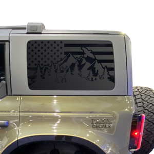 USA Flag w/ Wildlife Mountain Scene Decal for 2021 - 2024 Ford Bronco 4-Door Windows - Matte Black