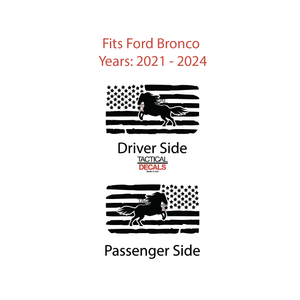 Distressed USA Flag w/ Horse Decal for 2021 - 2024 Ford Bronco 4-Door Windows - Matte Black