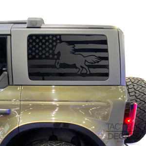 Distressed USA Flag w/ Horse Decal for 2021 - 2024 Ford Bronco 4-Door Windows - Matte Black