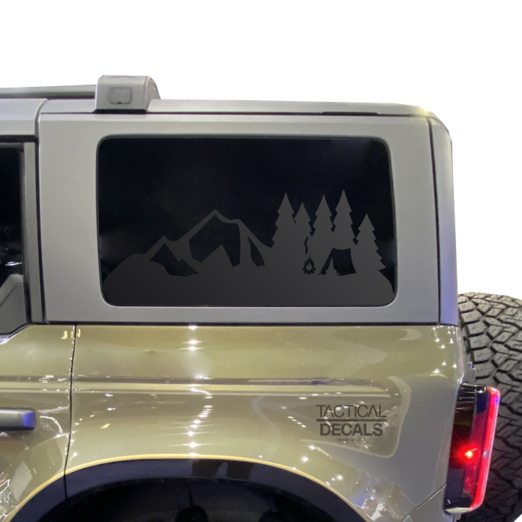 Mountain Camping Scene Decal for 2021 - 2024 Ford Bronco 4-Door Windows - Matte Black