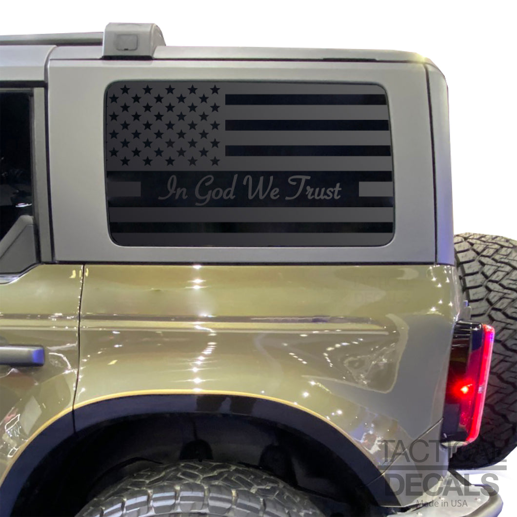 In God We Trust - USA Flag Decal for 2021 - 2024 Ford Bronco 4-Door Windows - Matte Black