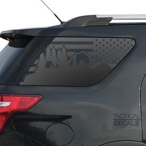 USA Flag w/ Mountain Camp Scene Decal for 2011-2019 Ford Explorer 3rd Windows - Matte Black