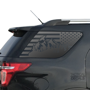 USA Flag w/Wildlife Animal Mountain Scene Decal for 2011-2019 Ford Explorer 3rd Windows - Matte Black