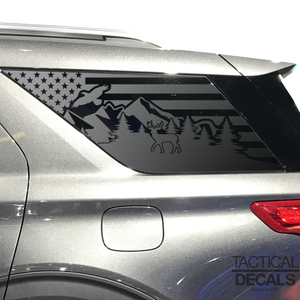 USA Flag with Wildlife Scene Decal for 2020- 2024 Ford Explorer 3rd Windows - Matte Black