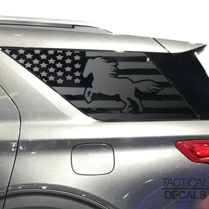 Distressed USA Flag with Horse Decal for 2020- 2024 Ford Explorer 3rd Windows - Matte Black