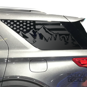 USA Distressed Flag w/Mountains Decal for 2020- 2024 Ford Explorer 3rd Windows - Matte Black